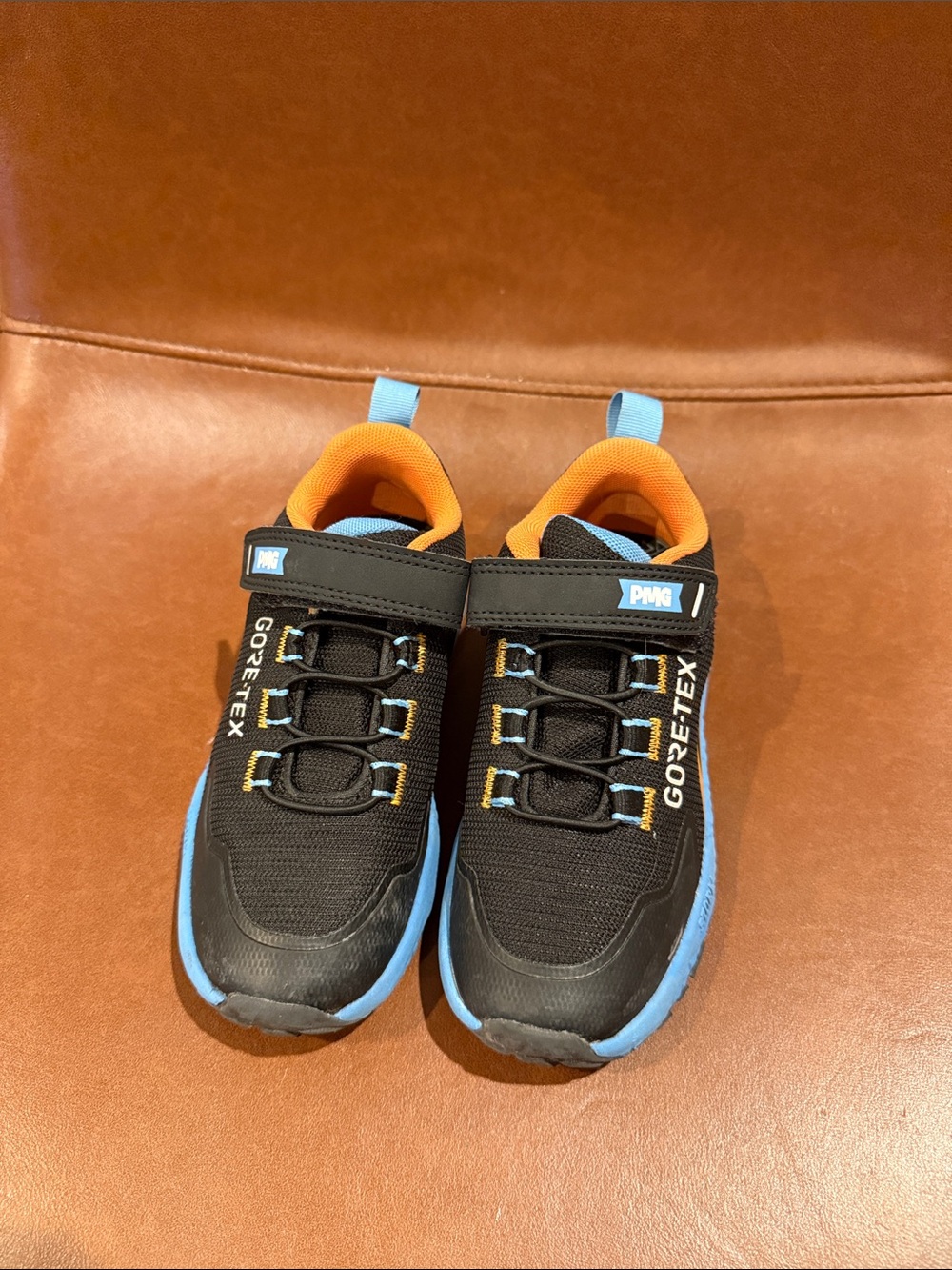 GORE-TEX Kids Black Sneakers with Blue Soles & Orange Lining